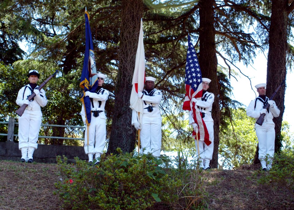 US Navy 050529-N-2385R-056 Sailors assigned to U.S. Fleet Activities Command Sasebo, present colors during the annual homage to Soto Dam for a Memorial Day service