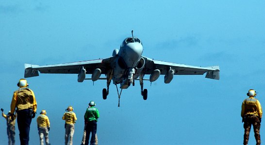 US Navy 050518-N-0226M-170 An EA-6B Prowler prepares to make an arrested landing on the flight deck aboard the Nimitz-class aircraft carrier USS Ronald Reagan (CVN 76)