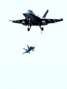 US Navy 050507-N-0295M-023 Two F-A-18D Hornets, assigned to the Knighthawks of Marine Fighter Attack Squadron Five Three Three (VMFA-533), prepare to land at the conclusion of the Marine Air Ground Task Force (MAGTF) demonstrat