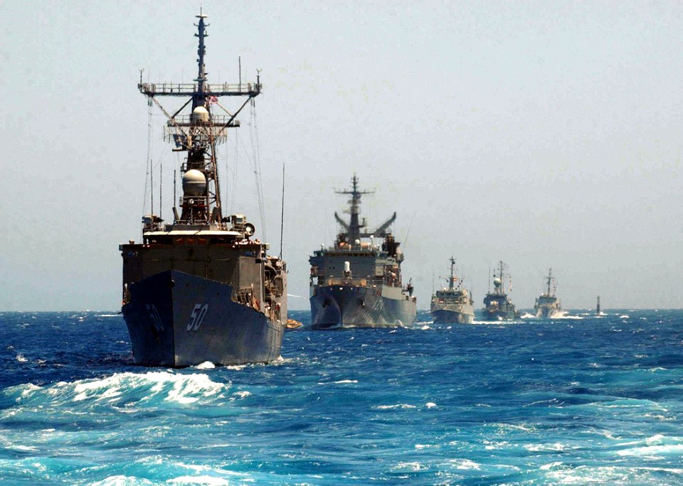 US Navy 050520-N-0780F-003 Guided missile frigate USS Taylor (FFG 50) is followed by other North Atlantic Treaty Organization (NATO) nations' vessels