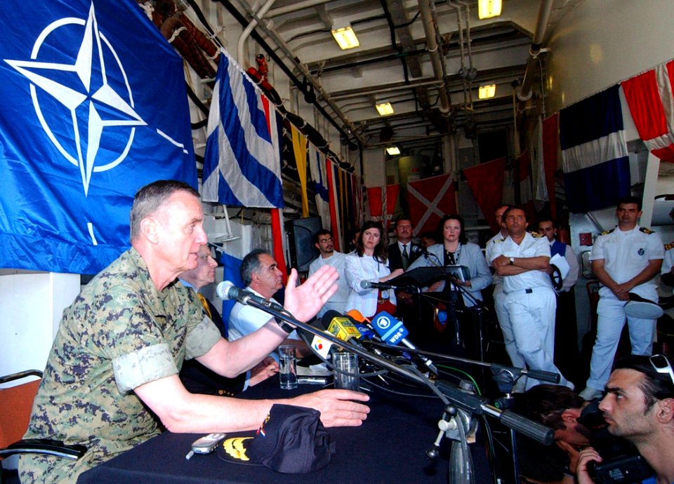 US Navy 050520-N-0780F-002 Supreme Allied Commander Europe, Gen. James L. Jones, responds to reporters' questions during a press conference at the conclusion of the North Atlantic Council (NAC) and the Military Committee (MC) S