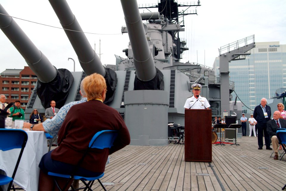 US Navy 050601-N-0962S-056 Chief of Naval Operations (CNO) Adm. Vern Clark speaks to members of the Navy League aboard the battleship USS Wisconsin (BB 64) in Norfolk, Va