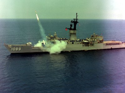 USS Barbey (FF-1088) launches Harpoon missiles in 1987
