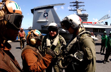 US Navy 050510-N-8158F-241 Commander, Carrier Strike Group One One (CSG-11), Rear Adm. Peter Daly, talks to Sailors assigned to Strike Fighter Squadron Four One (VFA-41)