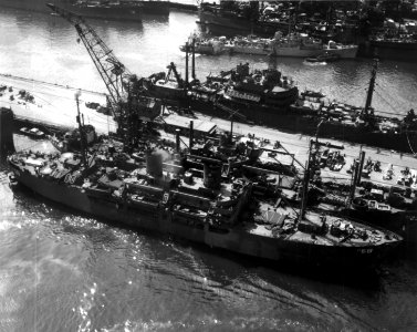 USS Audrian (APA-59) and USS San Saba (APA-232) in port, circa in 1945 (7574944)