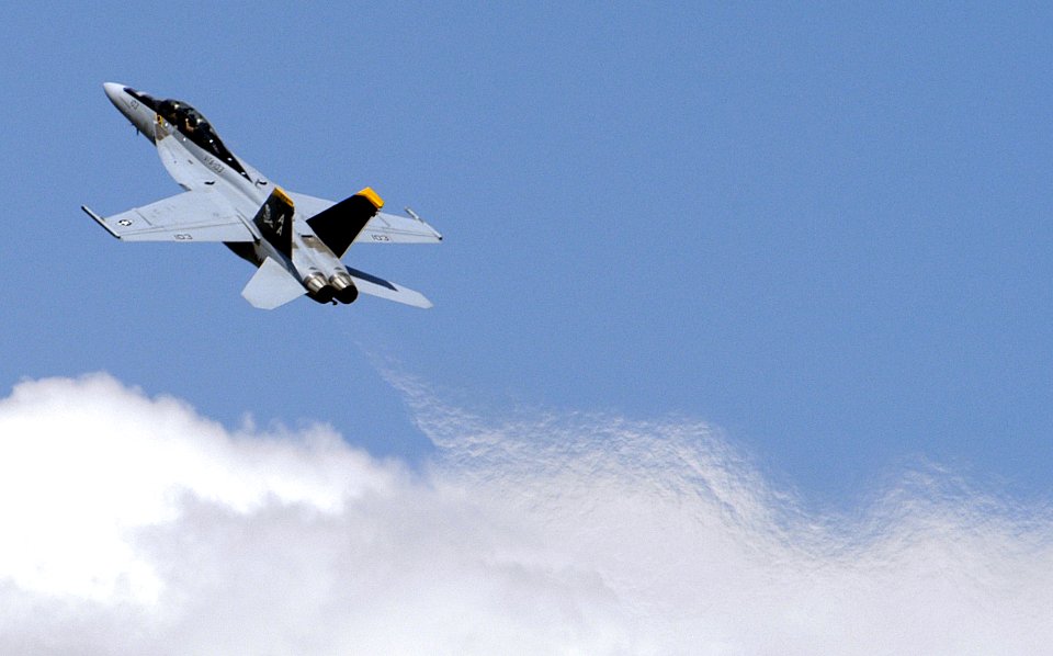 US Navy 050521-N-0295M-061 An F-A-18F Super Hornet climbs into the sky after performing a slow-speed pass in front of the crowd at the 2005 Joint Service Open House