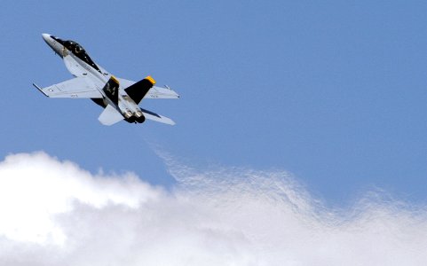 US Navy 050521-N-0295M-061 An F-A-18F Super Hornet climbs into the sky after performing a slow-speed pass in front of the crowd at the 2005 Joint Service Open House