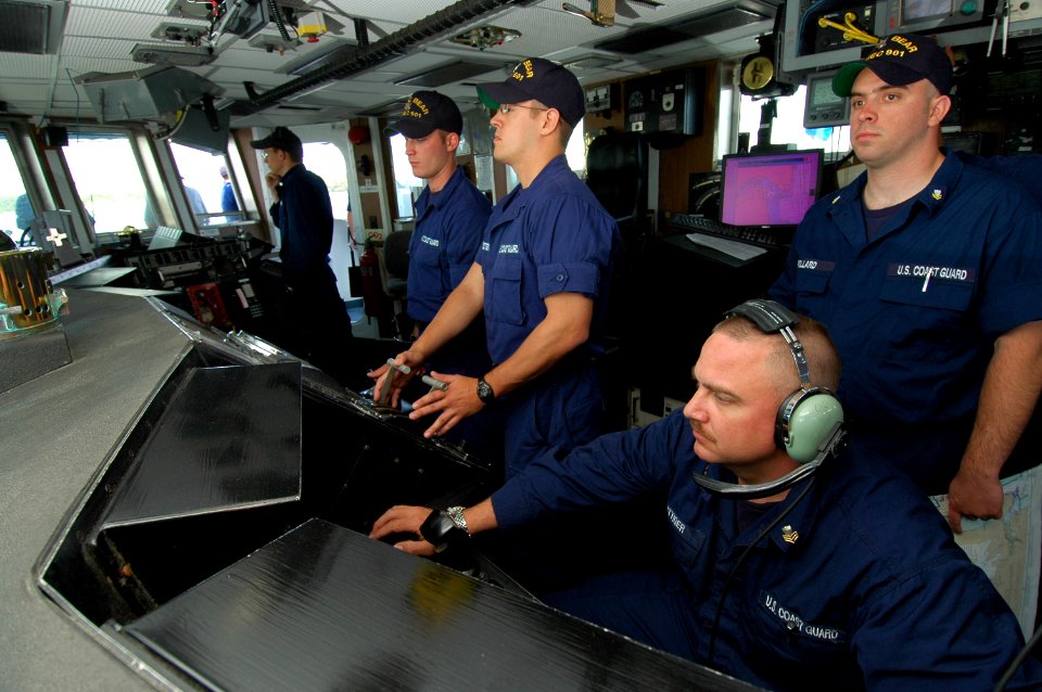 US Navy 050516-C-3292S-510 Crew members of the Coast Guard Cutter Bear (WMEC-901) stands watch on the bridge