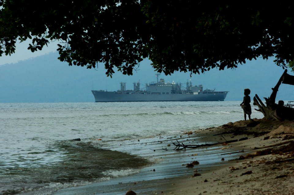 US Navy 050518-N-1485H-005 The Military Sealift Command (MSC) combat stores ship USNS Niagara Falls (T-AFS 3) sails off of the coast of Potts Dam village with a local active volcano in the background
