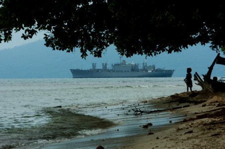 US Navy 050518-N-1485H-005 The Military Sealift Command (MSC) combat stores ship USNS Niagara Falls (T-AFS 3) sails off of the coast of Potts Dam village with a local active volcano in the background