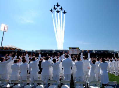 US Navy 050527-N-0295M-002 U.S. Navy flight demonstration team, the Blue Angels, perform a fly-over during the opening ceremonies for the 2005 Graduation and Commissioning Ceremony at the U.S. Naval Academy