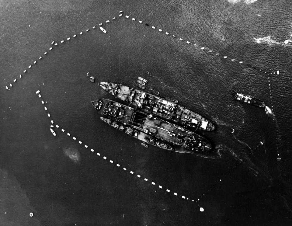 USS Ballard (AVD-10), USS Hammondsport (APV-2) and USS Vestal (AR-4) at Pearl Harbor, Hawaii, on 12 July 1942 (NH 84001)