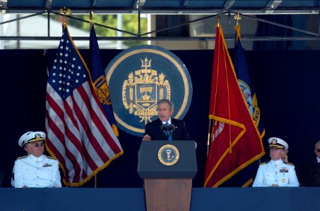 US Navy 050527-N-9693M-018 President of the United States, George W. Bush delivers his remarks as part of the U.S. Naval Academy class of 2005 Graduation and Commissioning Ceremony