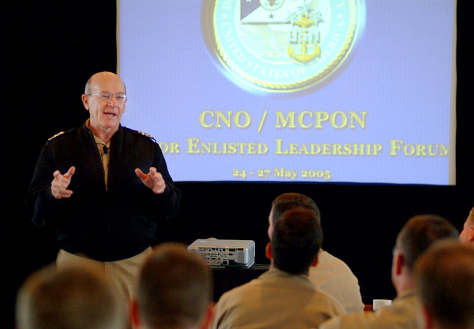 US Navy 050524-N-0962S-164 Chief of Naval Operations Adm. Vern Clark offers opening remarks to fleet, force, and CNO-directed Command Master Chiefs during the Spring 2005 Senior Enlisted Leadership Forum