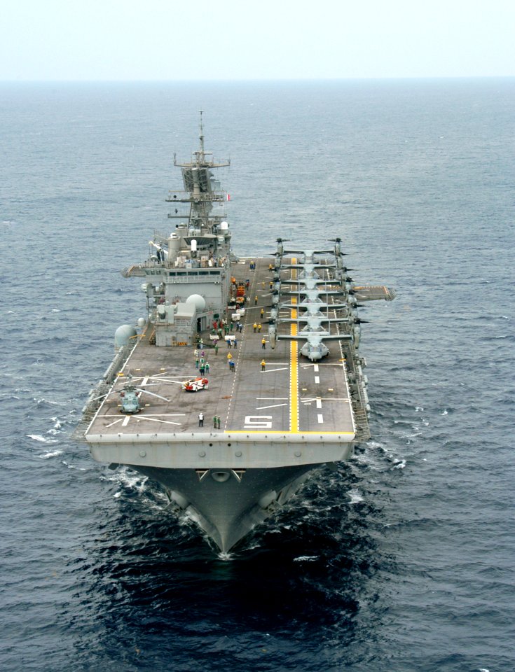 US Navy 050618-N-8154G-060 The amphibious assault ship USS Bataan (LHD 5) shown underway with all eight MV-22 Osprey assigned to Marine Tlitrotor Operational Test and Evaluation Squadron 22 (VMX-22)