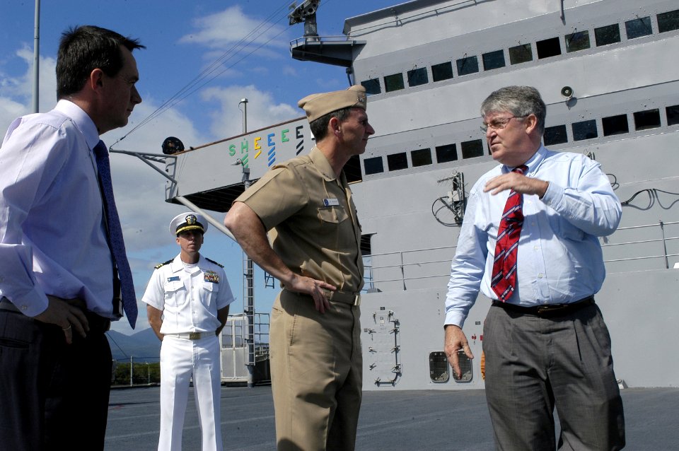 US Navy 050530-N-1194D-041 Vice Adm. Jonathan Greenert speaks with Cairns Mayor Kevin Byrne on the main deck aboard the amphibious command ship USS Blue Ridge (LCC 19)