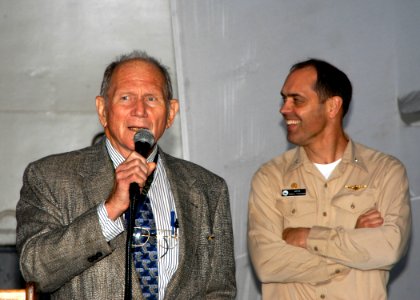 US Navy 050606-N-8704K-002 Rear Adm. Earl P Yates (Ret.) addresses to the crew of USS John F Kennedy (CV 67) during a frocking ceremony