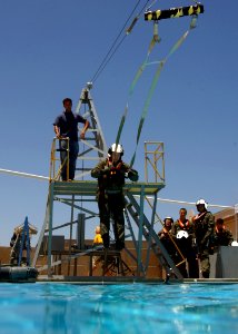 US Navy 050623-N-9500T-109 A student attending the refresher course in water survival at Aviation Survival Training Center, Marine Corps Air Station Miramar, prepares to enter the water