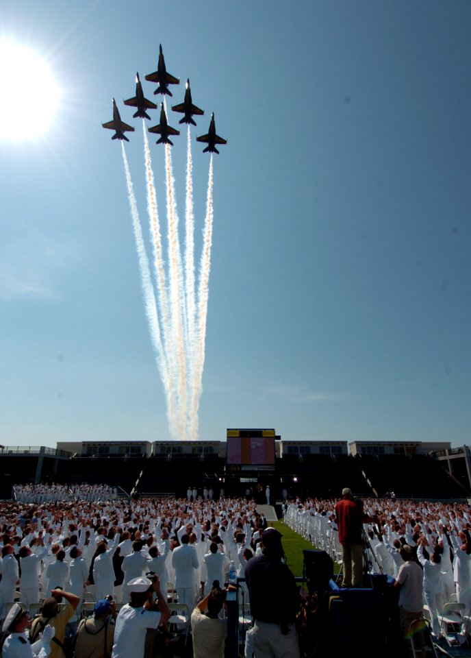 US Navy 050527-N-9693M-003 The U.S. Navy Blue Angels flight demonstration team performs a fly-over during the opening ceremonies for the 2005 Graduation and Commissioning Ceremony at the U.S. Naval Academy