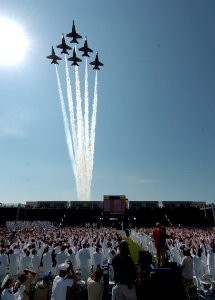 US Navy 050527-N-9693M-003 The U.S. Navy Blue Angels flight demonstration team performs a fly-over during the opening ceremonies for the 2005 Graduation and Commissioning Ceremony at the U.S. Naval Academy