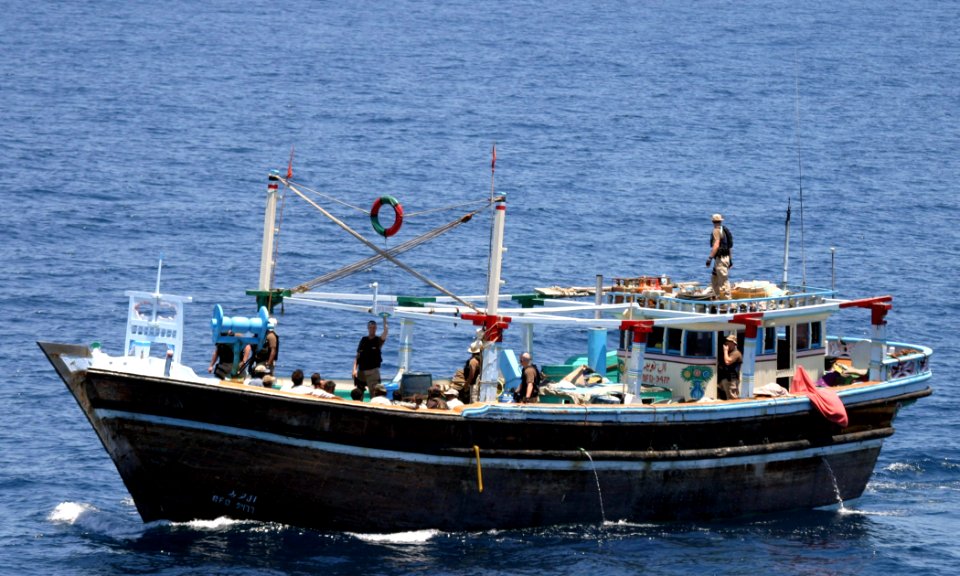 US Navy 050520-N-0000X-002 A flag verification boarding team from the U.S. Navy guided missile frigate USS Kauffman (FFG 59) secures the motor vessel Al Naveed, after seizing 4,200 pounds of hashish, found hidden behind a false