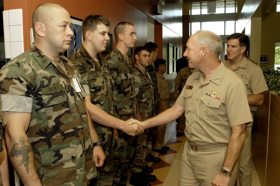 US Navy 050614-N-6477M-038 Chief Of Naval Personnel, Vice Adm. Gerald L. Hoewing meets with Sailors at the All American Restaurant on board Naval Station Everett, Wash