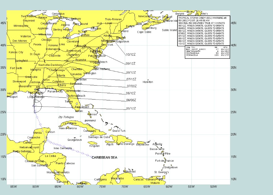 US Navy 050705-N-0000X-003 Graphic depicting the expected track of Tropical Storm Cindy