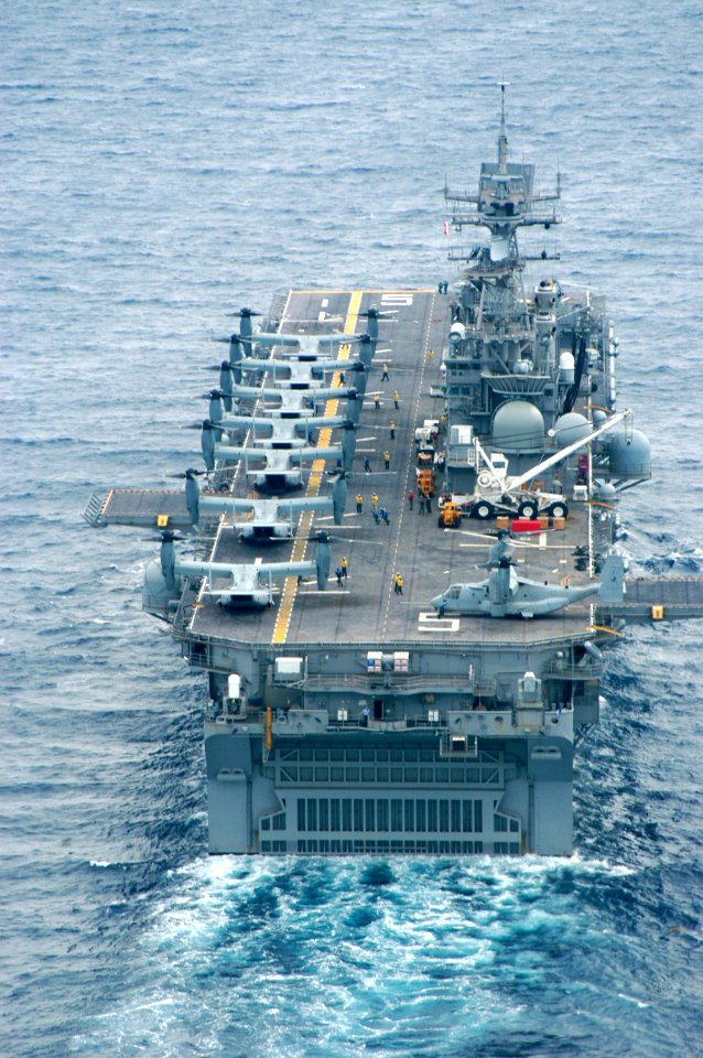US Navy 050618-N-8154G-073 The amphibious assault ship USS Bataan (LHD 5) shown underway with all eight MV-22 Osprey assigned to Marine Tlitrotor Operational Test and Evaluation Squadron 22 (VMX-22)