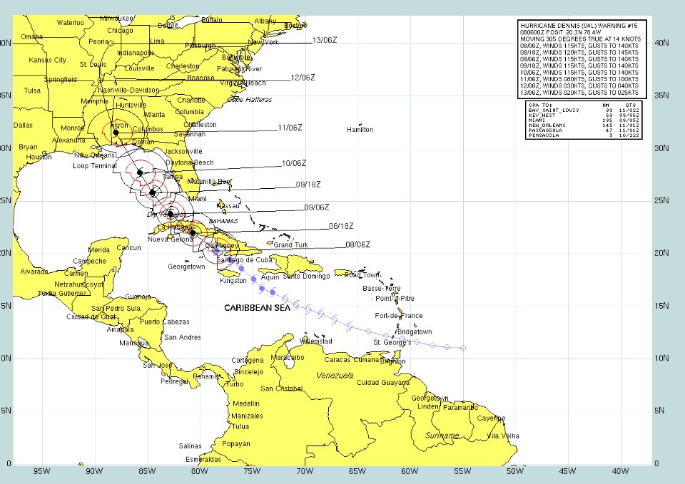 US Navy 050708-N-0000X-002 Graphic depicting the expected track of Hurricane Dennis