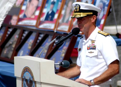 US Navy 050711-N-3019M-006 Commander, Naval Special Warfare Command, Rear Adm. Joseph Maguire, address the audience during a memorial service for five Sailors assigned to SEAL Delivery Vehicle Team One (SDVT-1)