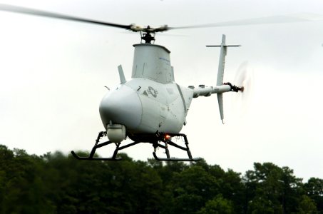 US Navy 050627-N-0295M-154 A RQ-8A Fire Scout Vertical Takeoff and Landing Tactical Unmanned Aerial Vehicle (VTUAV) System takes off for a flight demonstration at the 2005 Naval Unmanned Aerial Vehicle Air Demo