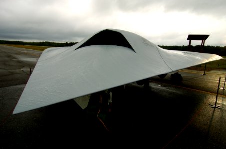 US Navy 050627-N-0295M-003 A full scale Joint Unmanned Combat Air Systems (J-UCAS) X-45C on display at the 2005 Naval Unmanned Aerial Vehicle Air Demo held at the Webster Field Annex of Naval Air Station Patuxent River
