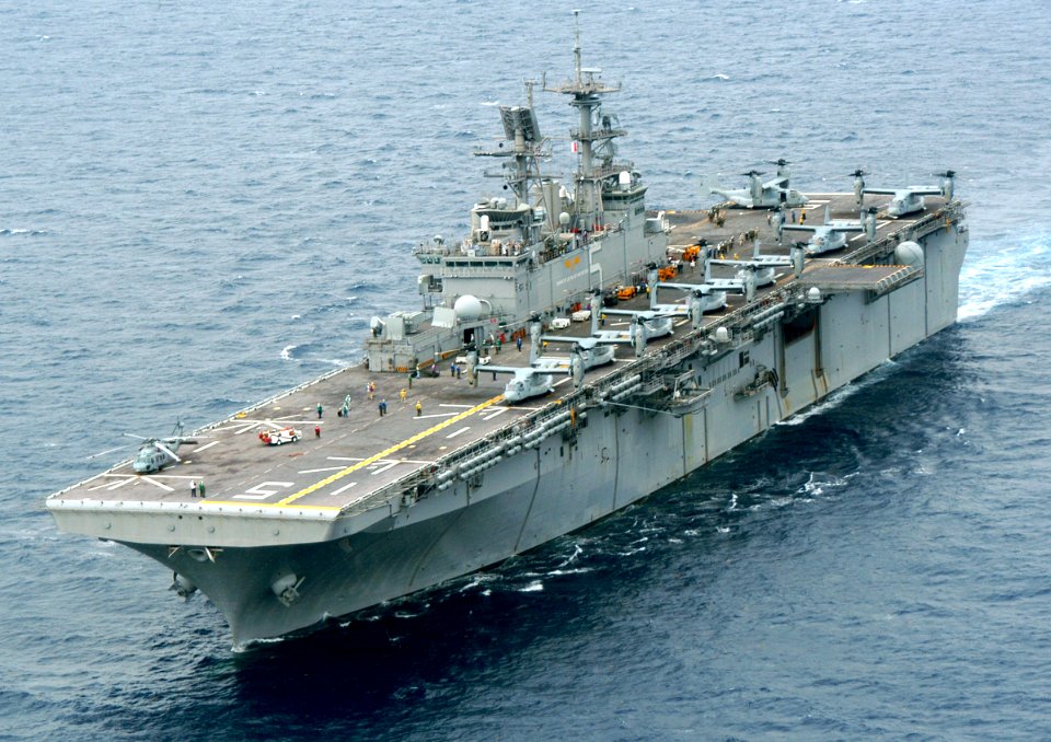 US Navy 050618-N-8154G-026 The amphibious assault ship USS Bataan (LHD 5) shown underway with all eight MV-22 Osprey assigned to Marine Tlitrotor Operational Test and Evaluation Squadron 22 (VMX-22)