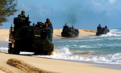 US Navy 050628-N-9866B-044 U.S. Marines assigned to 3rd Amphibious Assault Battalion, drive their Amphibious Assault Vehicles (AAVs) down the beach