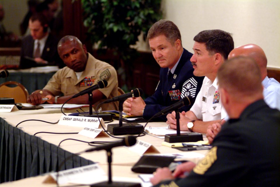 US Navy 050720-N-0962S-189 Master Chief Petty Officer of the Navy (MCPON) Terry Scott, along with his senior enlisted counterparts of the Air Force, Army, Coast Guard, and Marines, testifies before the Defense Advisory Committee