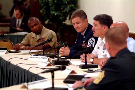 US Navy 050720-N-0962S-189 Master Chief Petty Officer of the Navy (MCPON) Terry Scott, along with his senior enlisted counterparts of the Air Force, Army, Coast Guard, and Marines, testifies before the Defense Advisory Committee