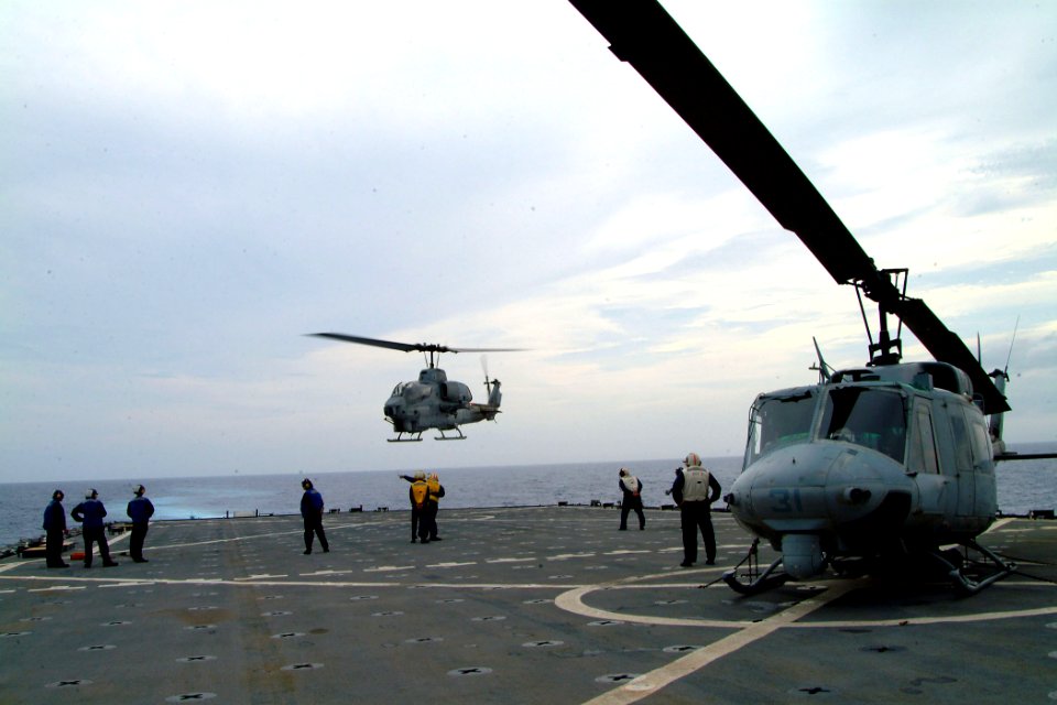 US Navy 050708-N-4772B-018 A U.S. Marine Corps UH-1N Huey is chained-down on the flight deck