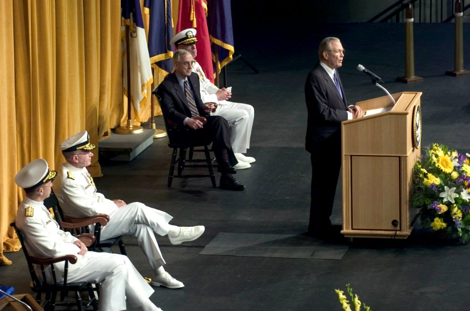 US Navy 050722-N-0295M-006 Secretary of Defense Donald Rumsfeld gives his address at the Chief of Naval Operations change of command ceremony