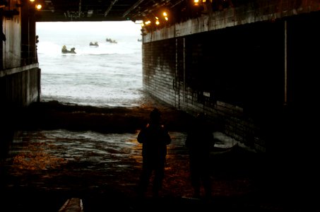 US Navy 050615-N-9866B-014 Deck Department Sailors direct amphibious assault vehicles, assigned to the 3rd Amphibious Assault Battalion, into the well deck aboard the amphibious assault ship USS Peleliu (LHA 5)