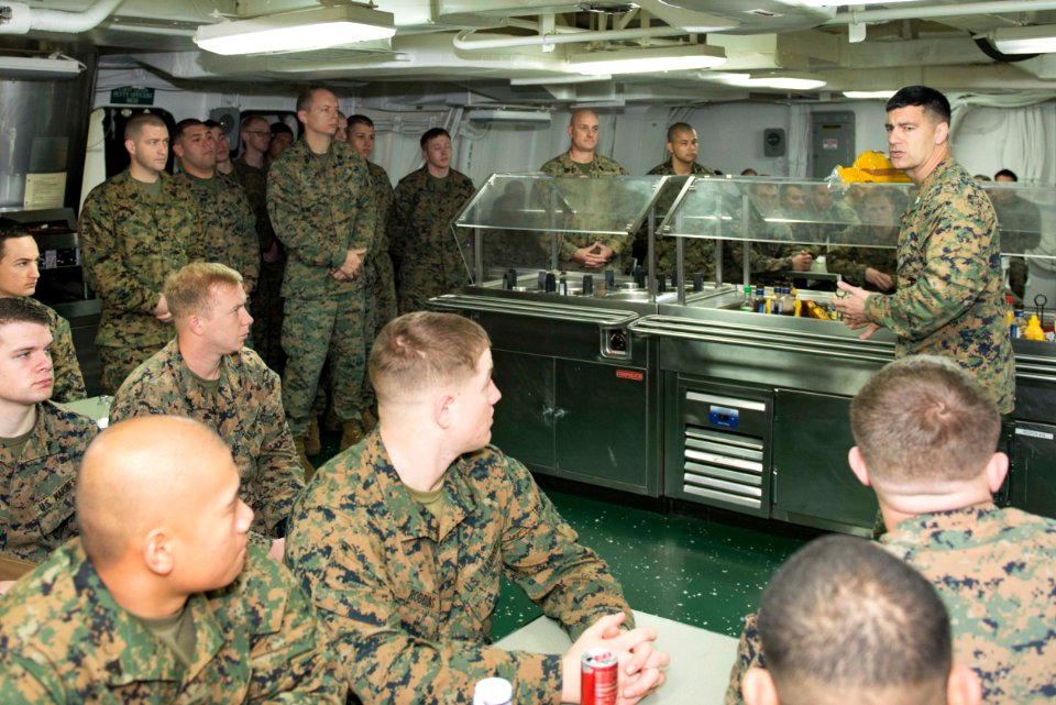 USS Bonhomme Richard, 31st MEU CO addresses Marines 150311-N-RU971-005