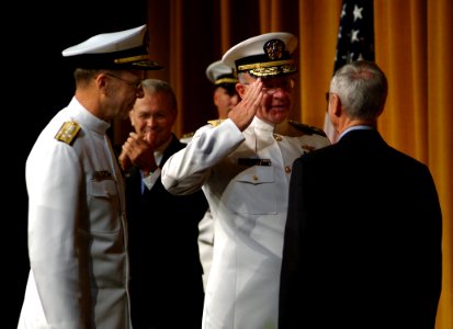 US Navy 050722-N-0962S-019 Adm. Vern Clark salutes Secretary of the Navy Gordon England during his change of command and retirement ceremony