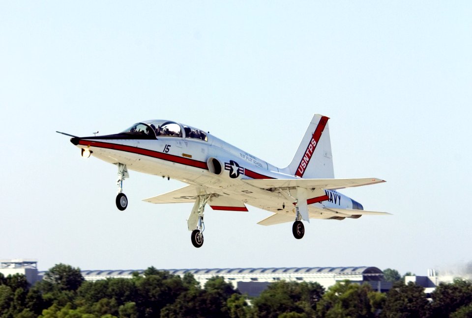 US Navy 050803-N-0295M-167 A T-38A Talon, assigned to the U.S. Naval Test Pilot School, takes off for a training flight from Naval Air Station Patuxent River, Md