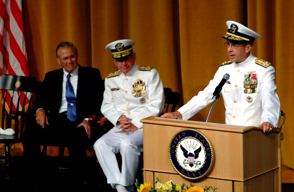 US Navy 050722-N-0962S-023 Chief of Naval Operations (CNO) Adm. Mike Mullen gives his first remarks as CNO after being sworn in by Secretary of the Navy Gordon England