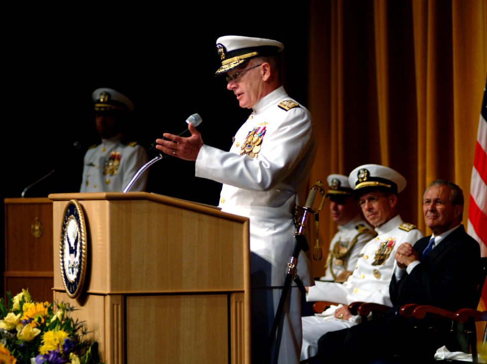 US Navy 050722-N-0962S-003 Chief of Naval Operations (CNO) Adm. Vern Clark delivers his final remarks during his change of command and retirement ceremony