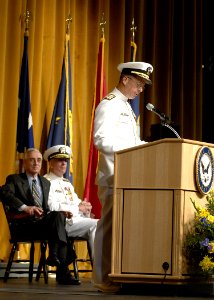 US Navy 050722-N-5390M-007 Adm. Mike Mullen delivers his remarks after relieving Adm. Vern Clark as Chief of Naval Operations (CNO)