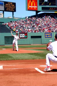 US Navy 050703-N-3286A-003 USS Bataan (LHD 5) Commanding Officer, Capt. Nora W. Tyson throws out the ceremonial first pitch at Fenway Park before the Boston Red Sox played the Toronto Blue Jays