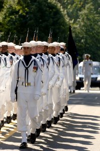 US Navy 050723-N-5390M-003 The U.S. Navy ceremonial guard marches in a funeral procession honoring retired Vice Adm. James B. Stockdale on board the U.S. Naval Academy