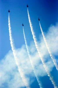 US Navy 050806-N-4166B-133 Four F-A-18A Hornets perform a maneuver over Lake Washington