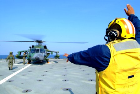 US Navy 050809-N-4772B-027 A Blackhawk helicopter from the Royal Brunei Air Force sits on the deck aboard the amphibious dock landing ship USS Harpers Ferry (LSD 49) photo