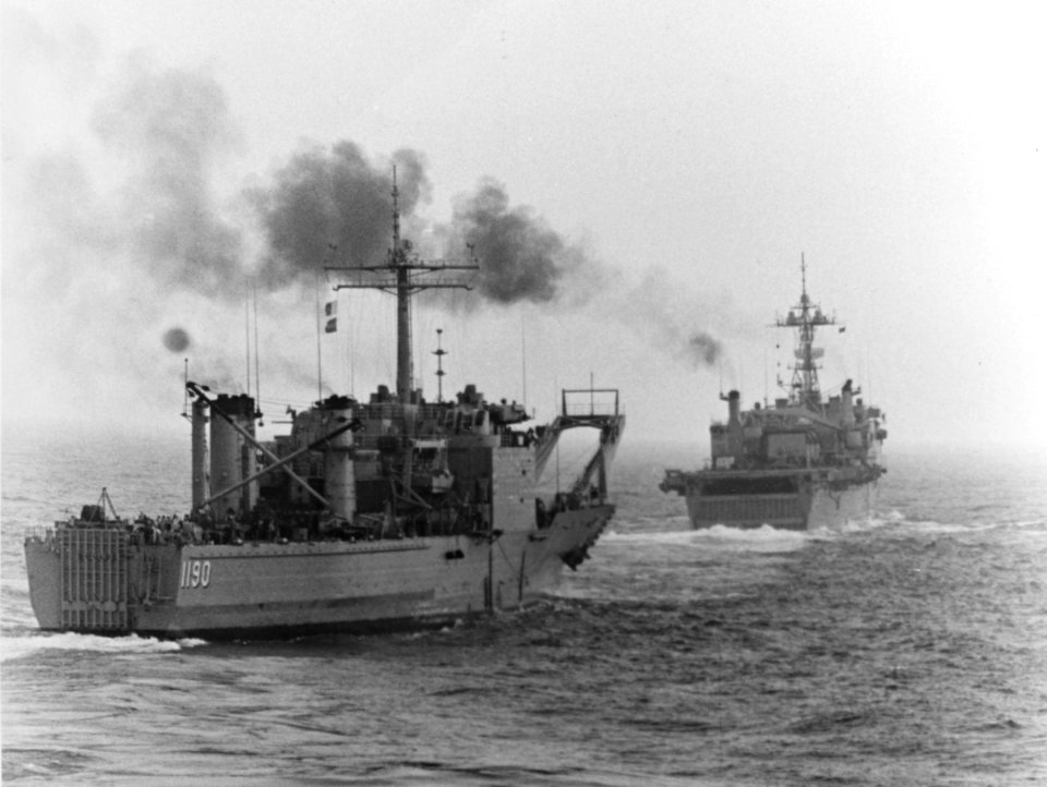 USS Boulder (LST-1190) and USS Ponce (LPD-15) underway in the Atlantic Ocean, in 1975 (USN 1165891)